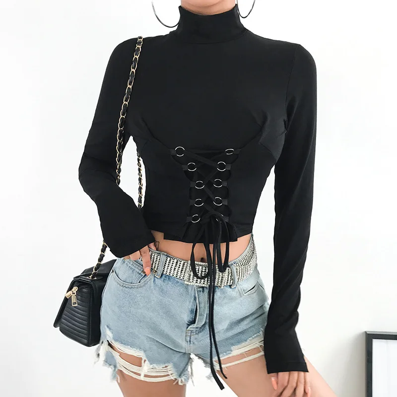 Футболка JIEZUOFANG Женская с длинным рукавом однотонная приталенная короткая