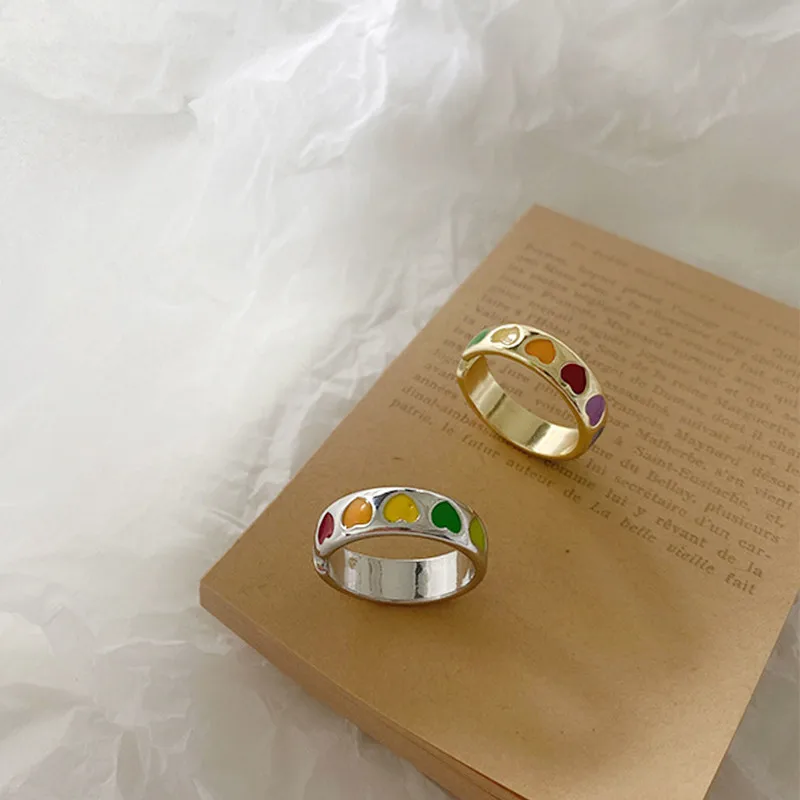 

Bohemian Vintage Colorful Heart Shaped Open Ring For Women Fashion Simple Design Gold Silver Color Ring Punk Party Jewelry Gift