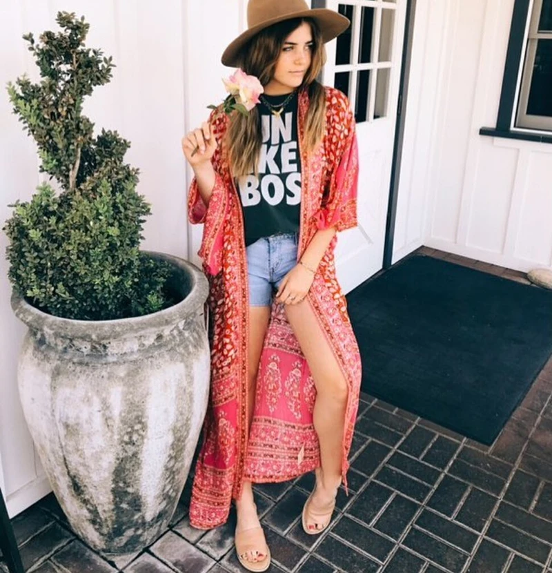 Шелковистое кимоно из полиэстера платье бохо красное с принтом осенние платья