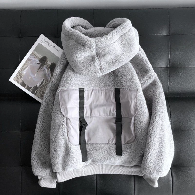 

Winter Lamb Wool Hoodies Men's Warm Fashion Big Pocket Hooded Sweatshirt Men Streetwear Loose Hip-hop Thick Pullover HoodieMens