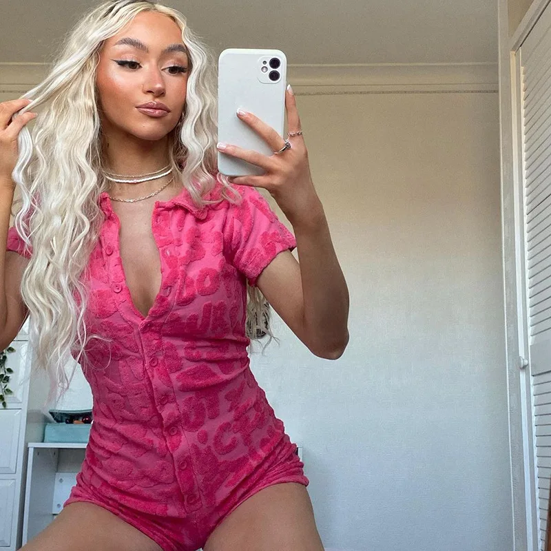 

Letter Print Jumpsuit Women's Short-Sleeved Lapel Playsuit Sexy Bodycon Pink Street Party Solid Bodysuit Fashion Rompers Summer