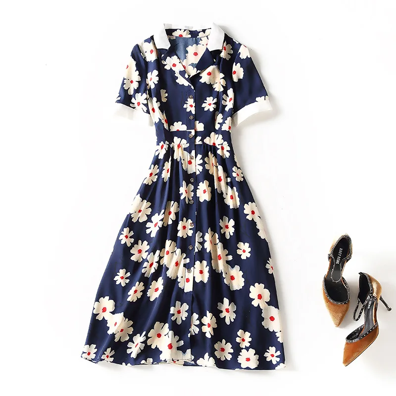 

73249 short sleeve 2021 spring and summer new women's dress blue bottom flower waist short sleeve temperament Ola word dress
