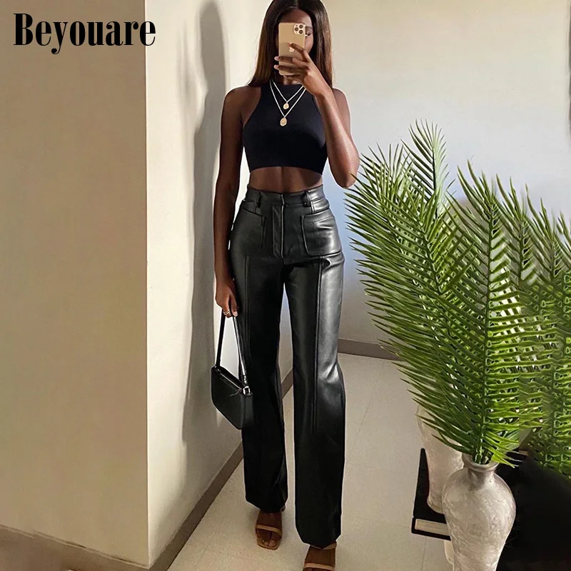 

Beyouare Casual Vintage Women PU Faux Leather Trousers Pockets Straight High Waist Wide Legs Pants 2020Autumn Elegant Lady Pants