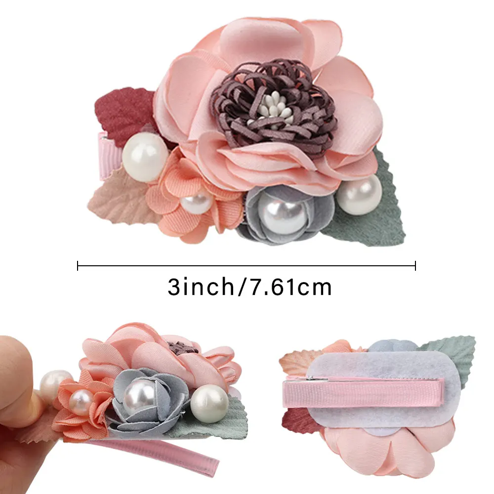 3Pcs/lot 3Baby Floral Barrettes Artificial Mesh Flower Pearl Hair Clips For Baby Girls Sweet Rose Hairpins Wedding Accessories