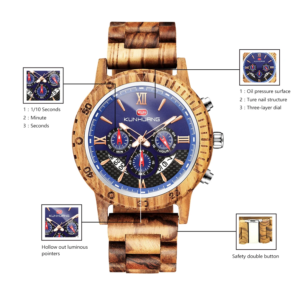 Hot Selling Wood Watches Men's Wood Watches Men's Fashion Three-eye Six-pin Multi-Function Quartz Watch enlarge