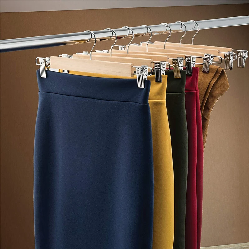 

Wooden Skirt Hangers with Adjustable Clips (Pack of 10) Non-Slip Trouser Hanger Natural Finish Lotus Wood Pants hangers, 360 Deg