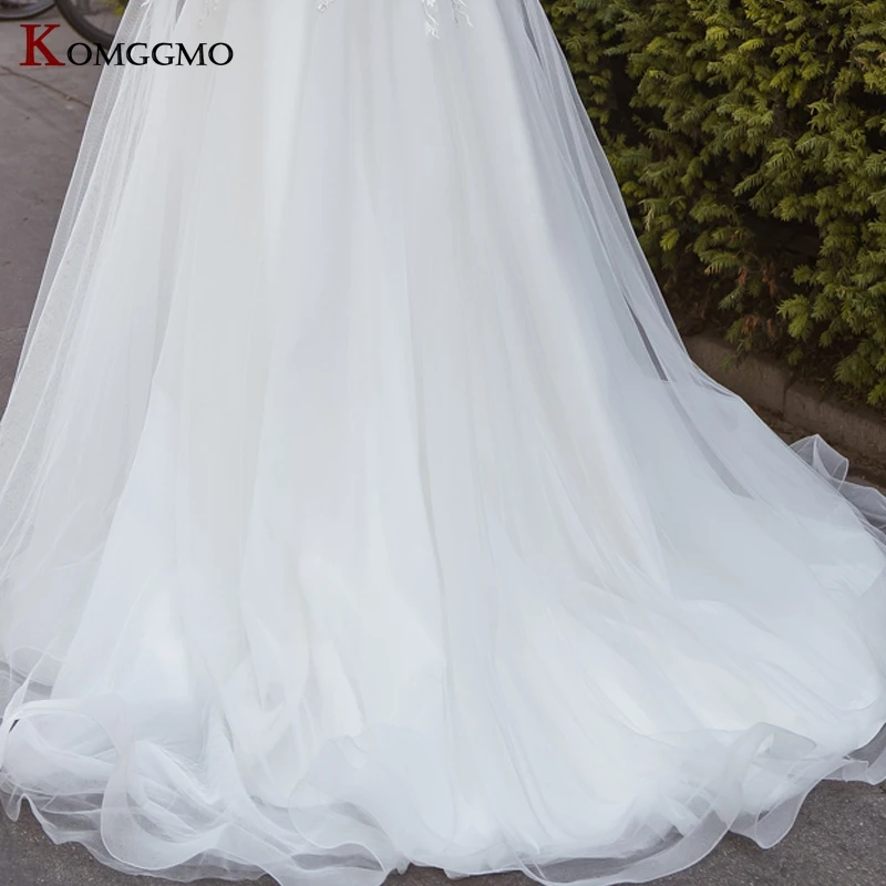 

100% Real Court Train Cap Sleeve Wedding Dress for Women Elegant O-Neck Embroidery Appliques Tulle Button Back Bridal Ball Gown