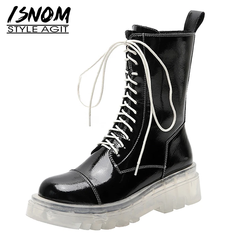

ISNOM Patent Cow Leather Short Boot Women Transparent Outsole Lace Up Ankle Boots Woman Flat Booties Ladies Platform Shoes Woman