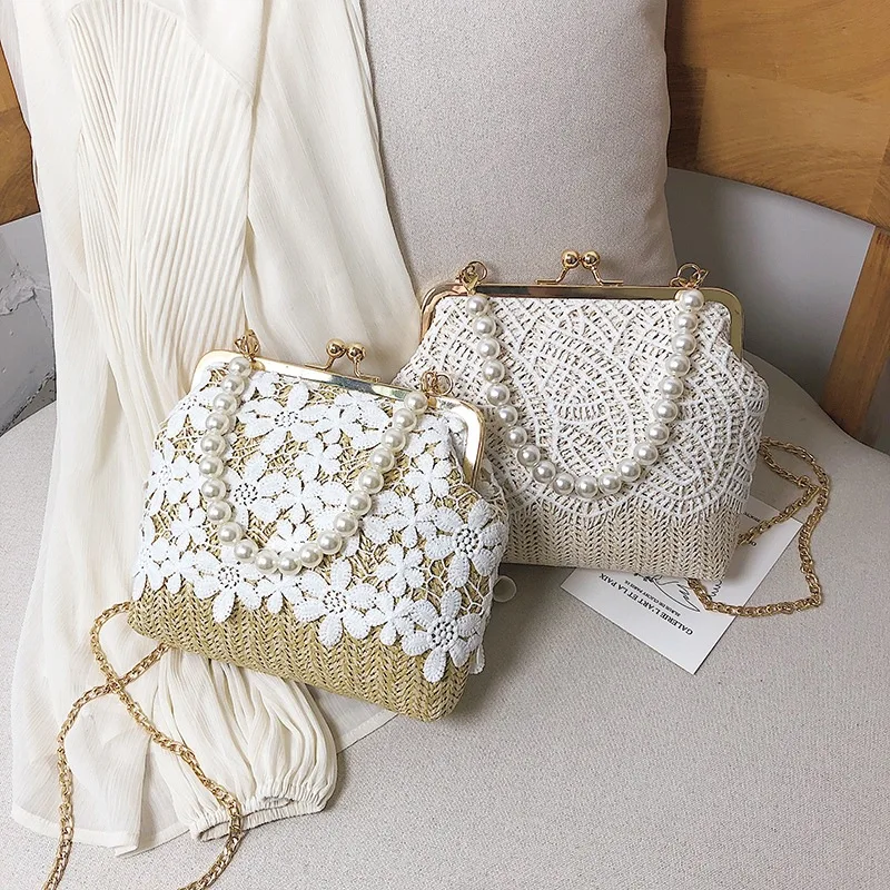 Пляжная соломенная сумка с вышивкой Модный богемный кружевной саквояж на