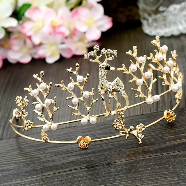 

Fawn Hair Crown Princess Girl's Birthday Party Wedding Golden Headdress Rhinestone Pearl Hair Accessories For Dress Up Party