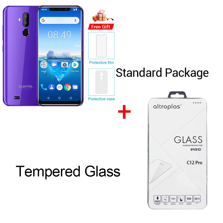 Purple N Tempe Glas OUKITEL C12 Pro 4G 6,1" 19:9 Android 8,1 Face ID 3300 мАч MT6739 четырехъядерный 2 Гб ОЗУ 16 Гб ПЗУ 8МП+ 5Мп отпечаток пальца мобильный телефон - Цвет: Purple N Tempe Glas