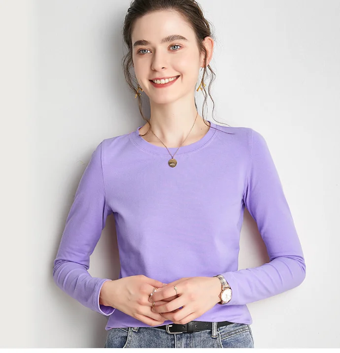 

Autumn New Women's Solid Color Round Collar Bottom long Sleeve Top Loose Skin-Friendly Cotton Solid Color T-shirt