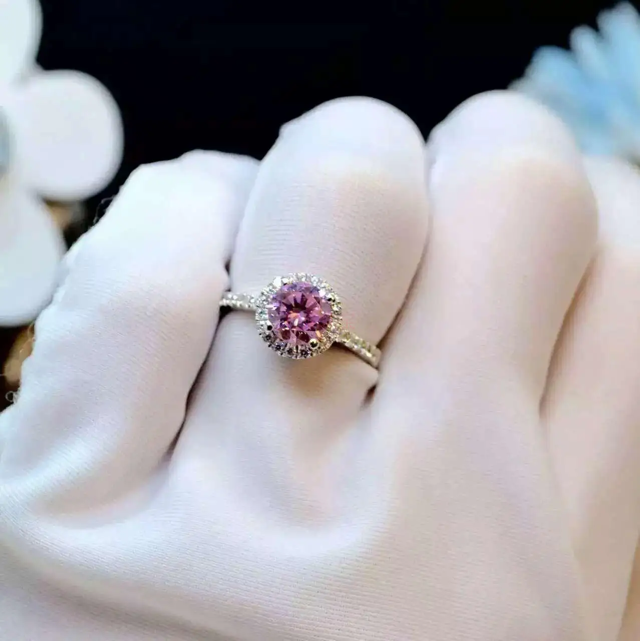 

High-End Pink Diamond Ring Women's Sterling Silver Gold-Plated Ring Lettering 1 Karat-Pack Diamond-Embedded Customizable Moissan