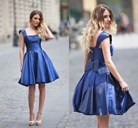 beautiful blue satin prom dresses simple design square collar lace up bow handmade lovely a line cap sleeve 2016 party gown