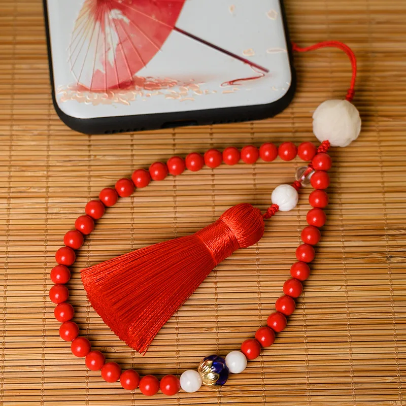 

Cinnabar Retro Phone Lanyard Hanging Hand Short Tassel Pendant Pendant with Wrist Anti-Lost Chinese Literature Art phone charms