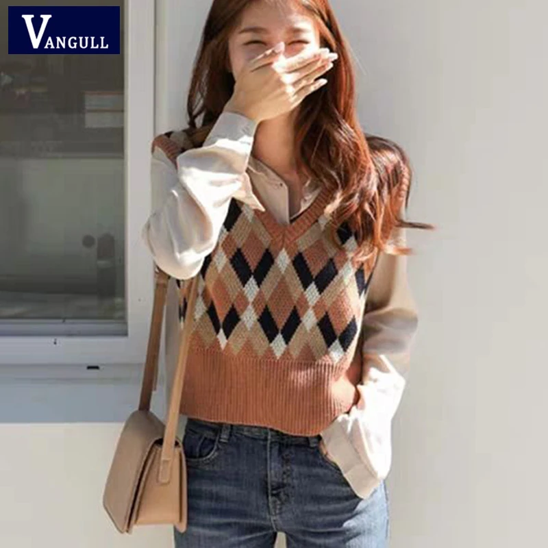 Женский клетчатый свитер Vangull с узором Ромбики винтажный короткий вязаный