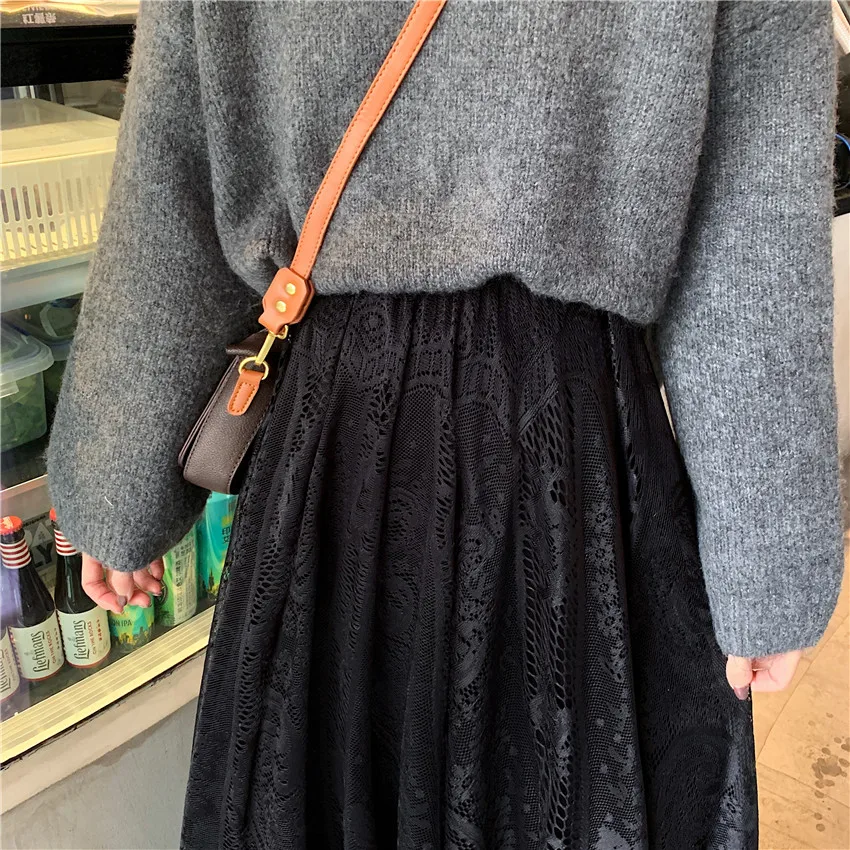 

Elastic High Waist Lace Skirts Womens Spring Autumn 2021 New Korean Elegant Casual A-line Black Long Skirt Female
