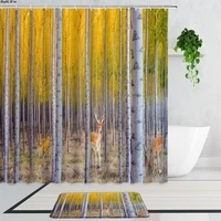 3d birch tree shower curtains set forest branches elk landscape home decor curtains in the bathroom non slip carpet bath mat rug