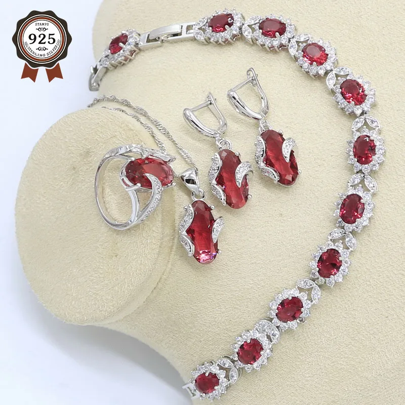 Red Ruby Silver Color Wedding Jewelry Set for Women Bracelet Earrings Necklace Pendant Ring Gift Box | Украшения и аксессуары
