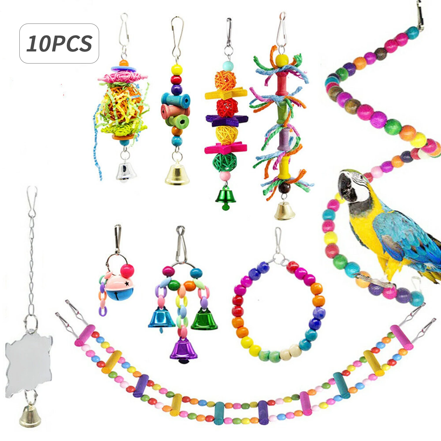 

10PCS Bird Swing Chewing Toys Parrots Chewing Hanging Perches with Hammock Bell Toys for Parrot Lorikeets Birds