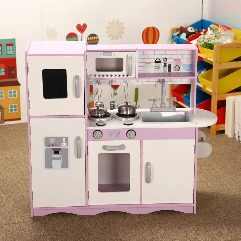 Large size Simulation wooden kitchen cooking game toy Refrigerator microwave oven stove tableware sets children kids gift