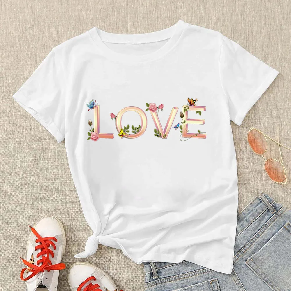 

Fairy Fashion Oversize Goth T-Shirts For Girls Alphabet LOVE Butterfly Flower Cartoon Printed T-Shirt For Women Loose Grunge Top