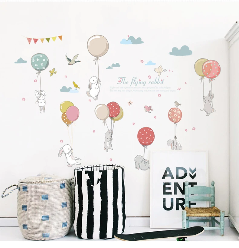 Cartoon Clouds DIY Mural Cute Balloon Rabbit Bunny wall sticker For Kids Room Decor Furniture Wardrobe bedroom Living Decal | Дом и сад