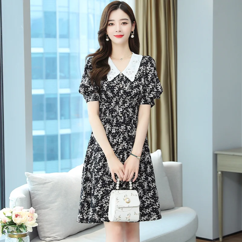 

2021 Floral Dress for Women Korean Style V-neck Short Sleeve Chiffon Dress for Women Rac