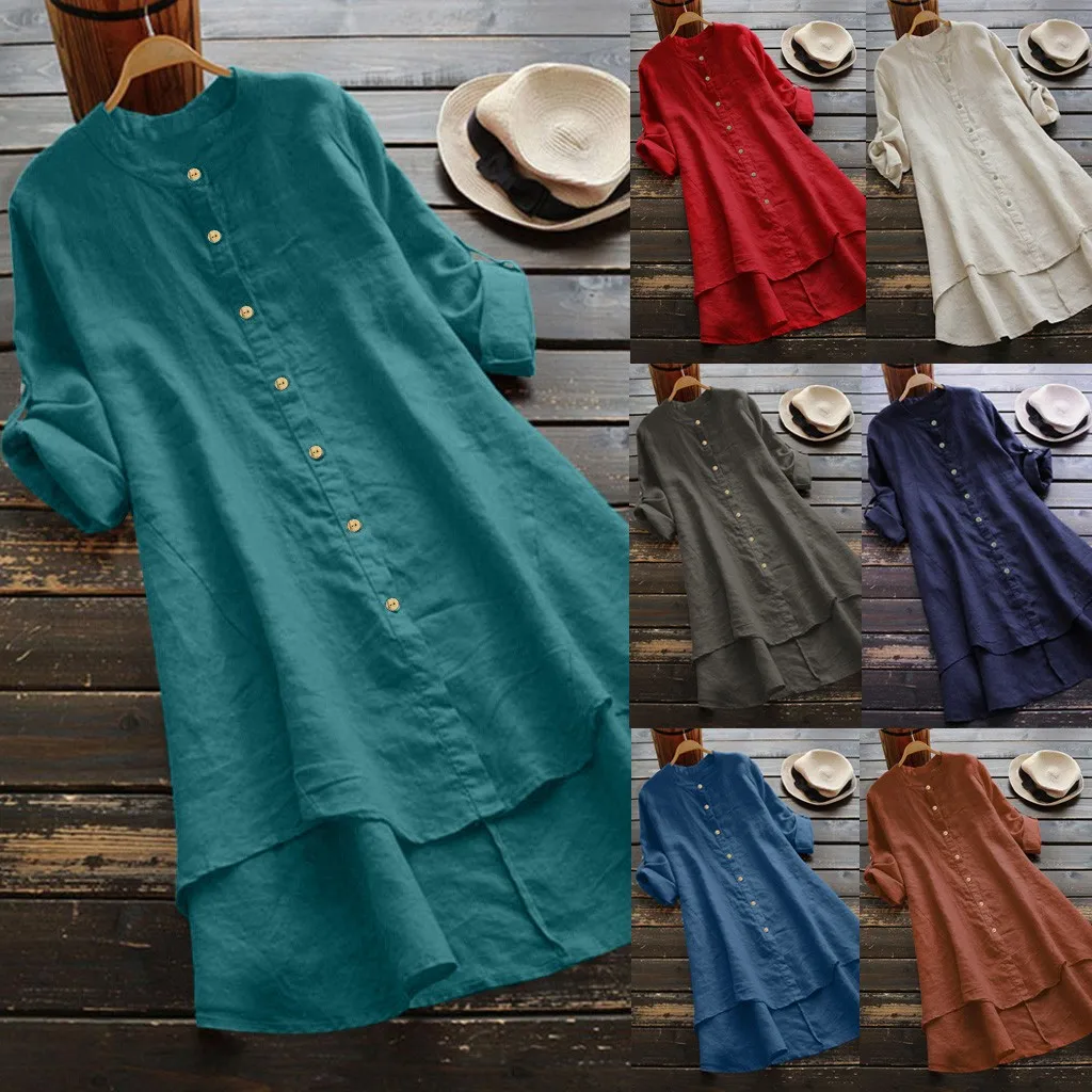 

5xl Plus Size Women Linen Tunic Blouses Summer Fashion Casual Loose Button Long Sleeve Long Shirt Blouse Tops Bluzki Damskie