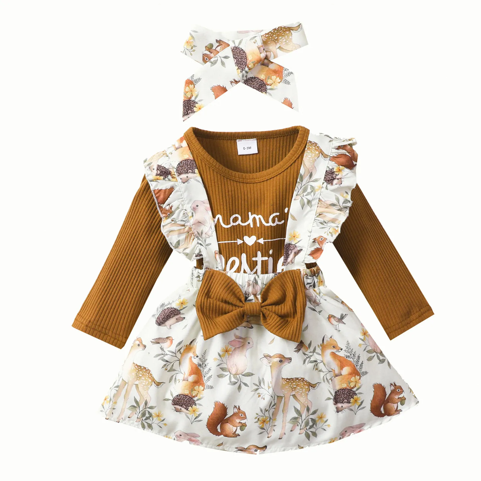 

3PCS Baby Girls Letter Long Sleeve Ribbed Romper Tops+ Floral Bowknot Cartoon Print Suspender Skirt+Bowknot Headband Outfits Set