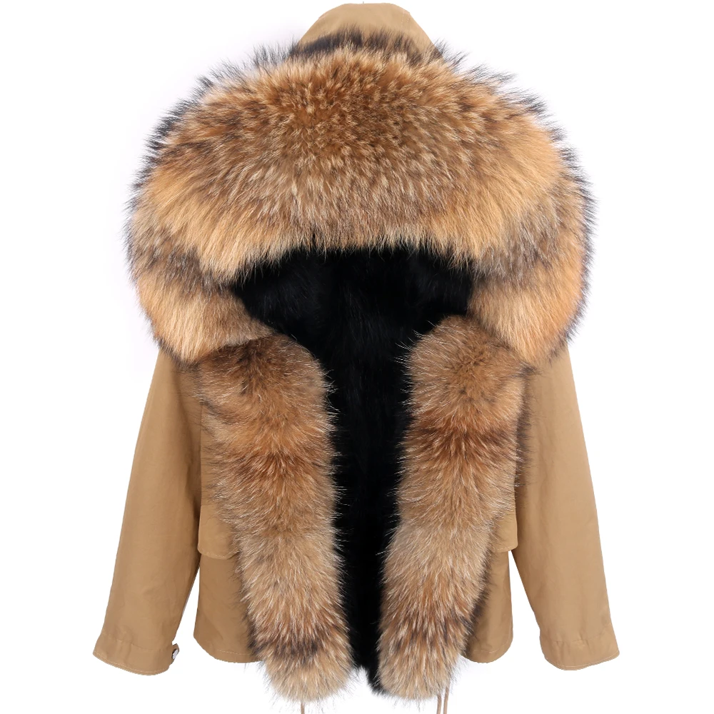 Winter Real Fur Coat Women Natural Fur Jacket Oversized Raccoon Fur Collar Hooded Casual Streetwear Waterproof Parkas