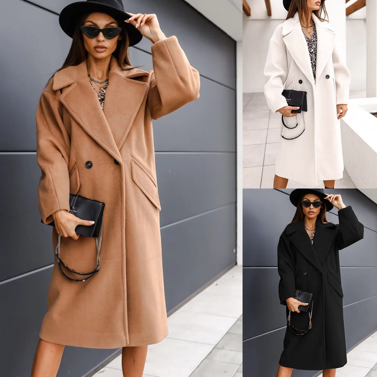 

2021 Autumn and Winter Double-breasted Suit Collar Solid Color Long Woolen Coat