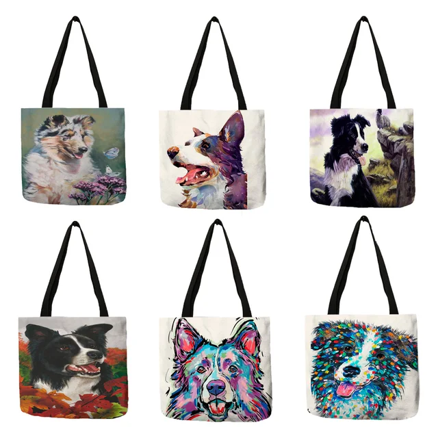 Popular watercolor collie dog print tote bag for women cute shoulder handbags large capacity reusable shopping diaper bags