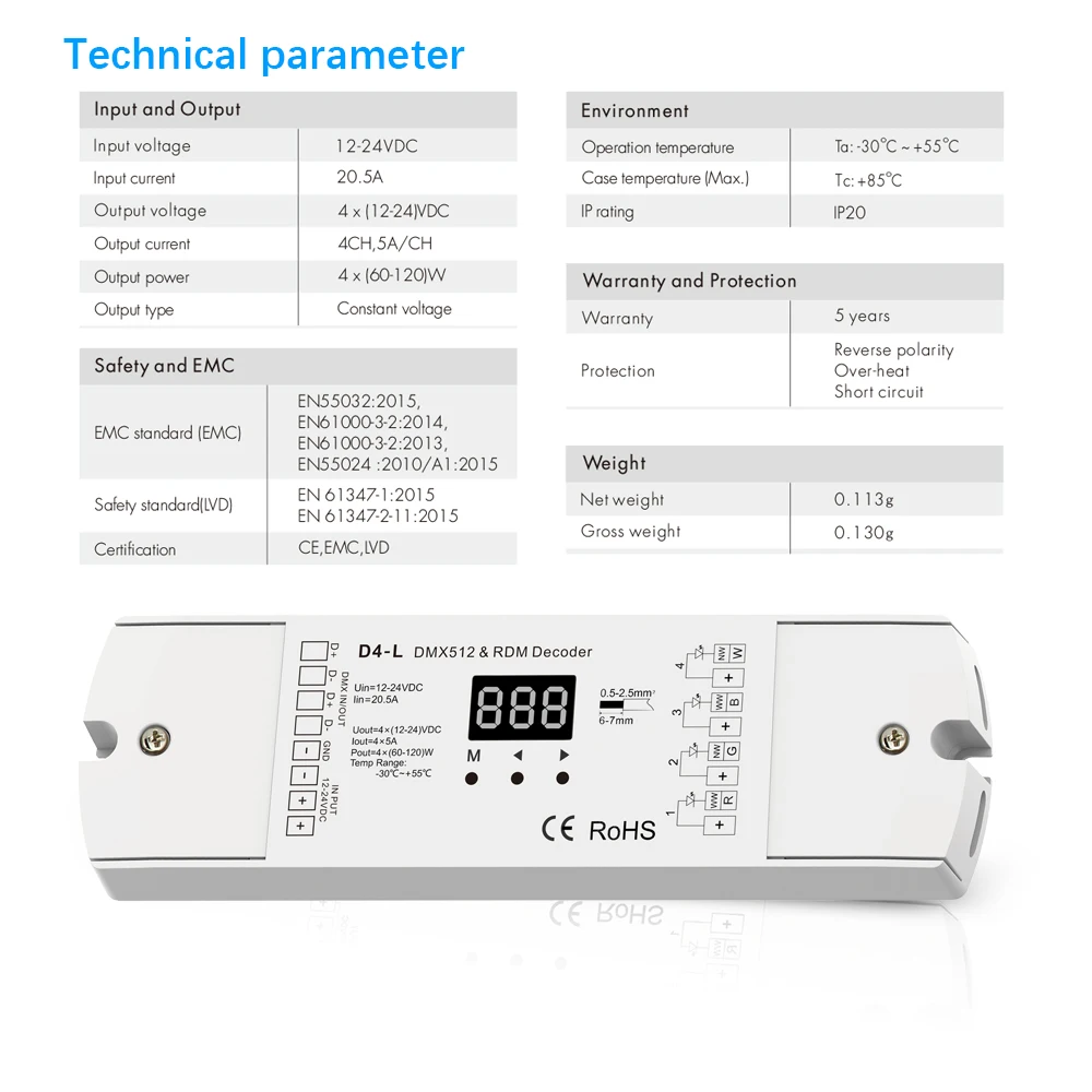 D4 L DC12V 24V 20A 4 канальный 4CH PWM постоянное напряжение RDM DMX512 декодер светодиодный