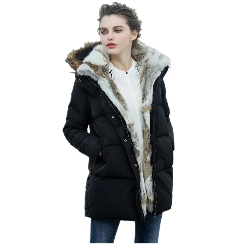 

Down New Women Jackets Long Thicken Hooded Zipper Real Fur Collar Parkas Warm Winter down Coat White Black S-5XL