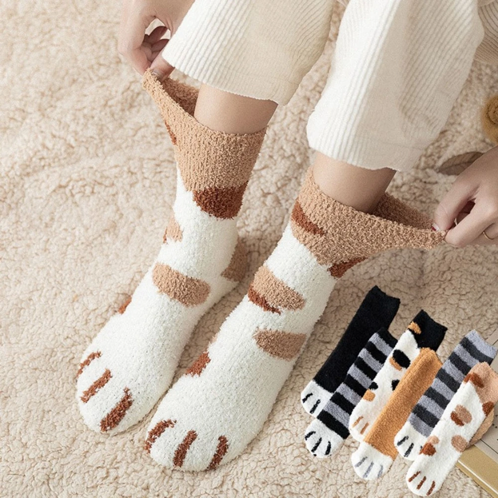 

Cute Cat Claw Coral Fleece Winter Thick Warm Plush Tube Socks Sweet Creative Cat Home Floor Socks Women Gift