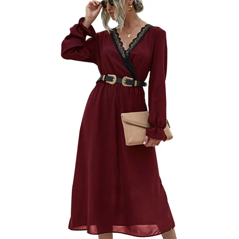 

Ladies Casual Holiday Party Long Dress Women Long Sleeve V-Neck Plain Dress