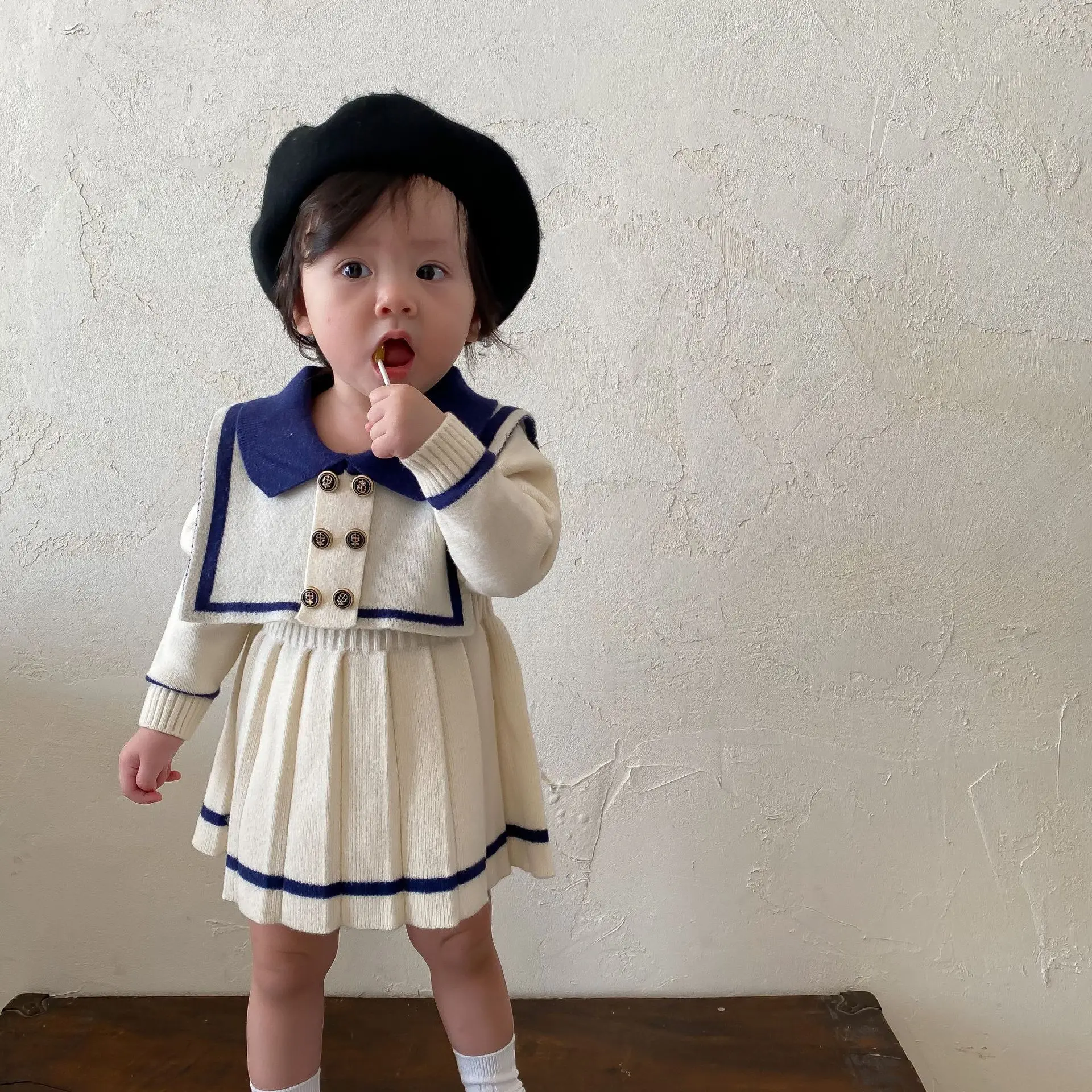 

2021 Autumn Baby Girls Knitted Dress Spanish Toddler Girl Knit One-Piece Dress Korean Children Infant Navy Blue Knitwear Clothes