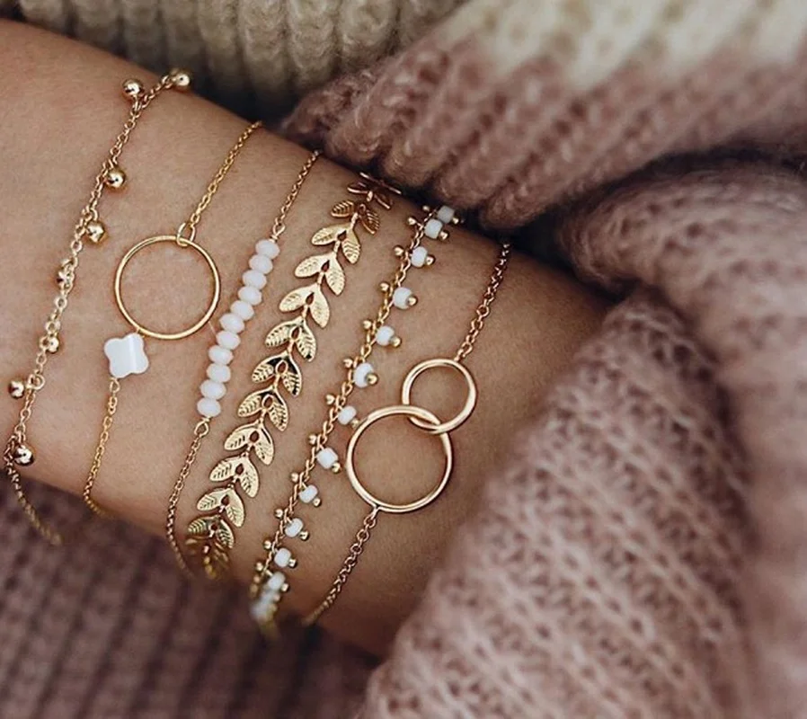 

6pcs/sets Couple Bracelets Bohemian Beaded Bracelets for Women Pretty Flowers Leaf Hollow Out Geometry Adjuatble Tassel Jewelry