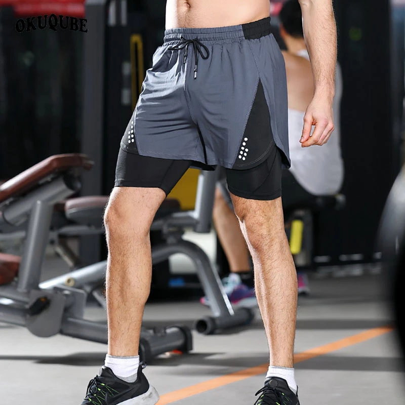 Men Running Shorts 2 in 1 Double-deck Workout Short Pants Breathable Gray Green Jogging Fitness Training Gym Sports M-3XL | Спорт и