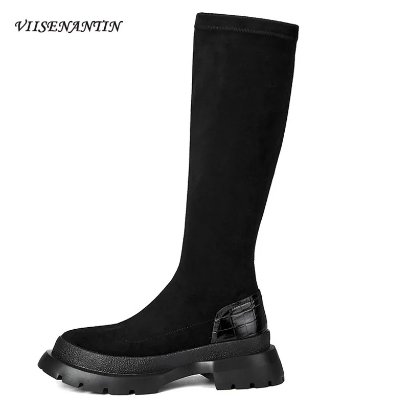 

Новые модные черные сапоги из флока, женские демисезонные новые эластичные сапоги до середины икры, высокие сапоги с круглым носком, тонкие ...