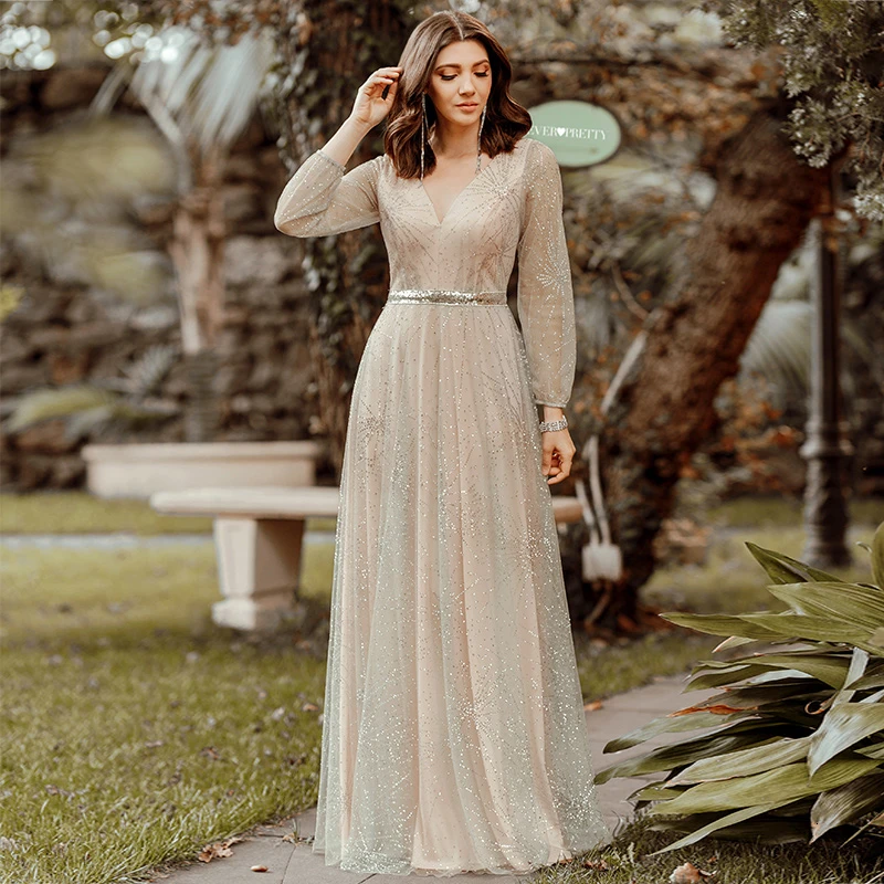 

Sparkle Tulle Prom Dresses Ever Pretty A-Line V-Neck Full Sleeve Elegant Grey Evening Party Gowns Vestidos Largos De Fiesta 2020