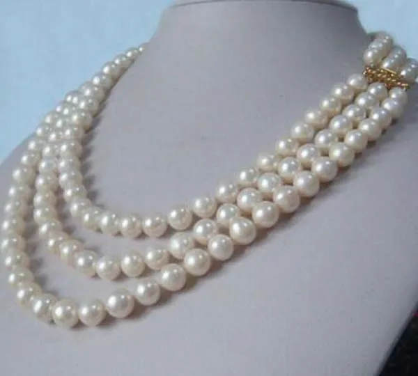 

Three-Strand natural 9-8 mm akoya white pearl necklace 17"18"19" 14K gold clasp