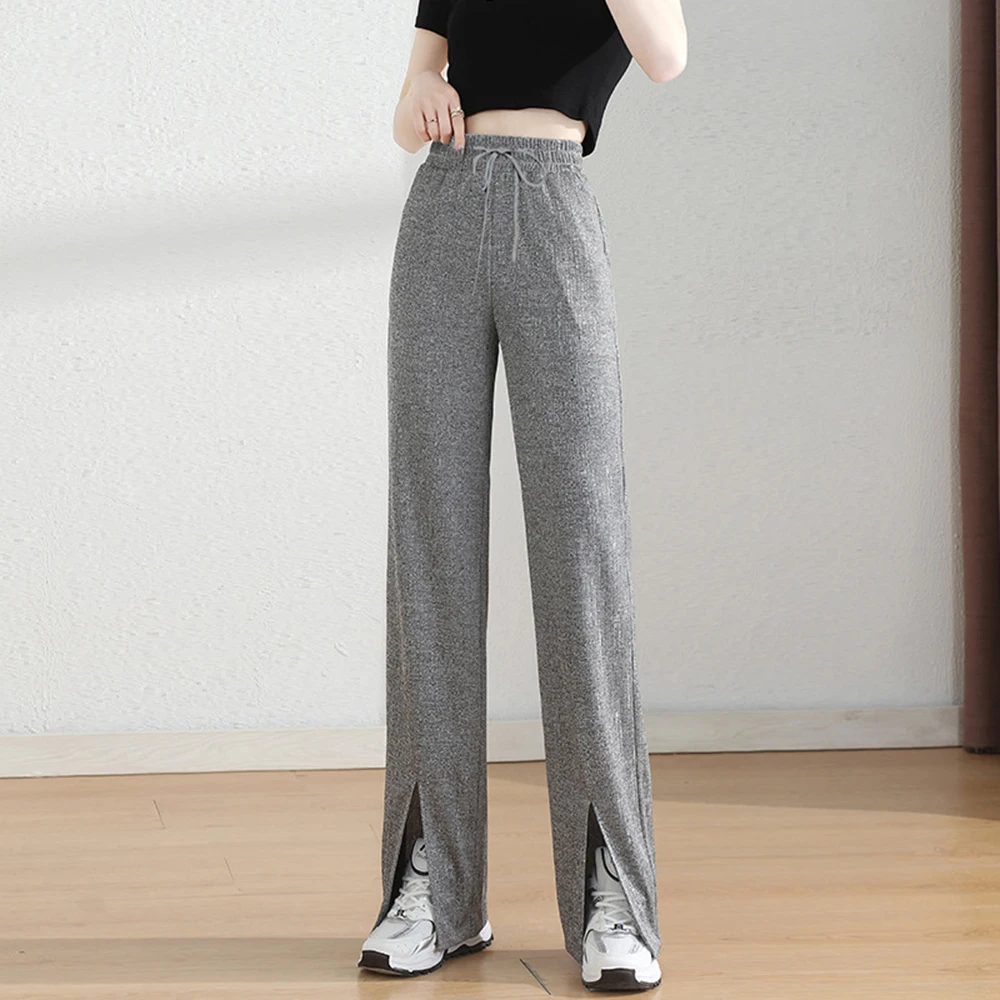 

S To 3XL 2021 Summer New Ice Silk Split Women's Straight Soft Pants High Waist Elastic Waist Gray Black Breathable Trousers