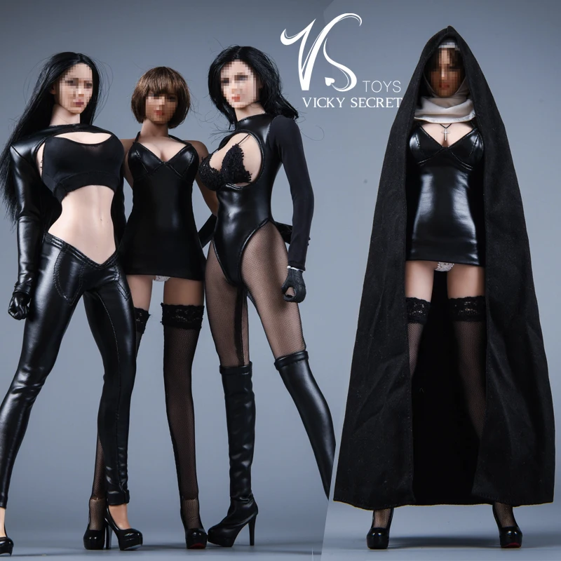 

1/6 Scale Leather Church girl nun Clothes Model 19XG60 Nun cloak hood Cross necklace Toys Female PU clothing set for 12'' Body
