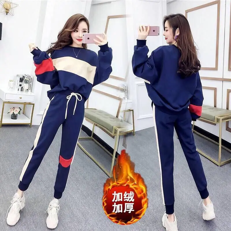 

Sports suit women's autumn and winter new Korean version of loose large size plus velvet thickening long sleeve running casual f
