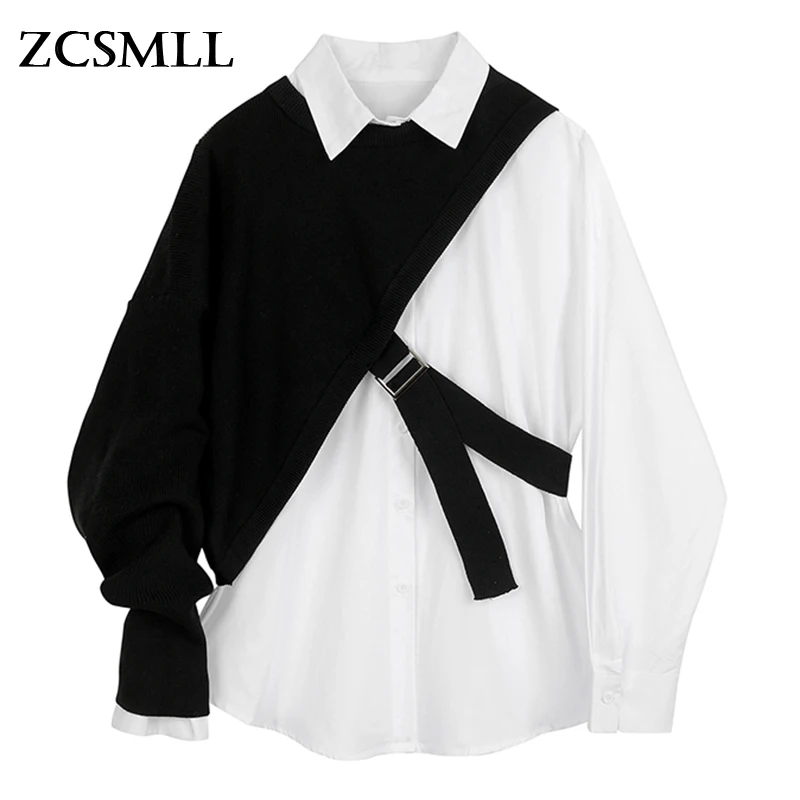 

ZCSMLL Women White Knitting Split Big Size Blouse New Lapel Long Sleeve Loose Fit Shirt Fashion Tide Spring Autumn 2021 AF432