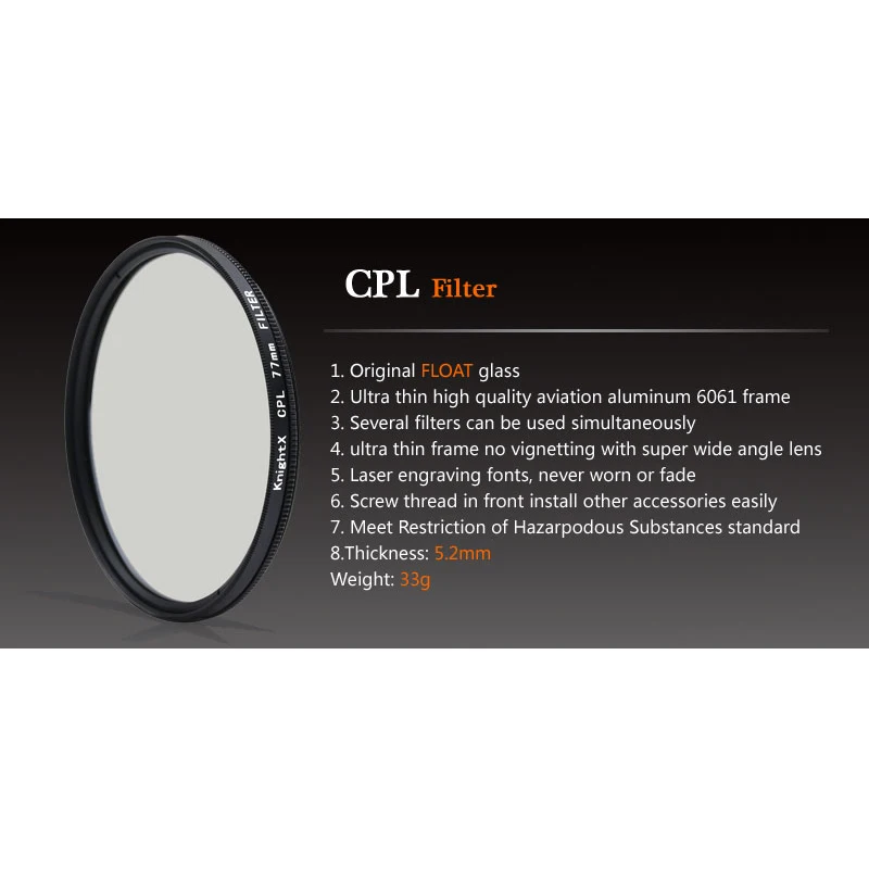 KnightX Camera Lens Filter polarizing CPL For canon sony nikon 50d 400d 1300d 700d dslr d5300 d3300 photography 52mm 58mm 67mm |