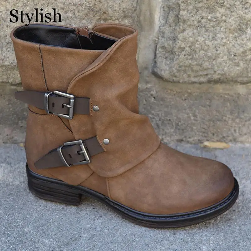 Зимние ботинки для женщин Однотонная обувь на плоской подошве с пряжкой Женская