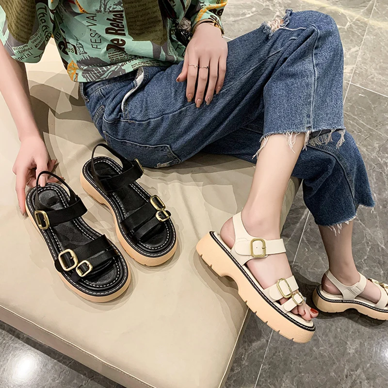 

Clogs With Heel Black Platform Sandals All-Match Med 2021 Women's Open Toe Muffins shoe Suit Female Beige Ladies Shoes Summer Bu